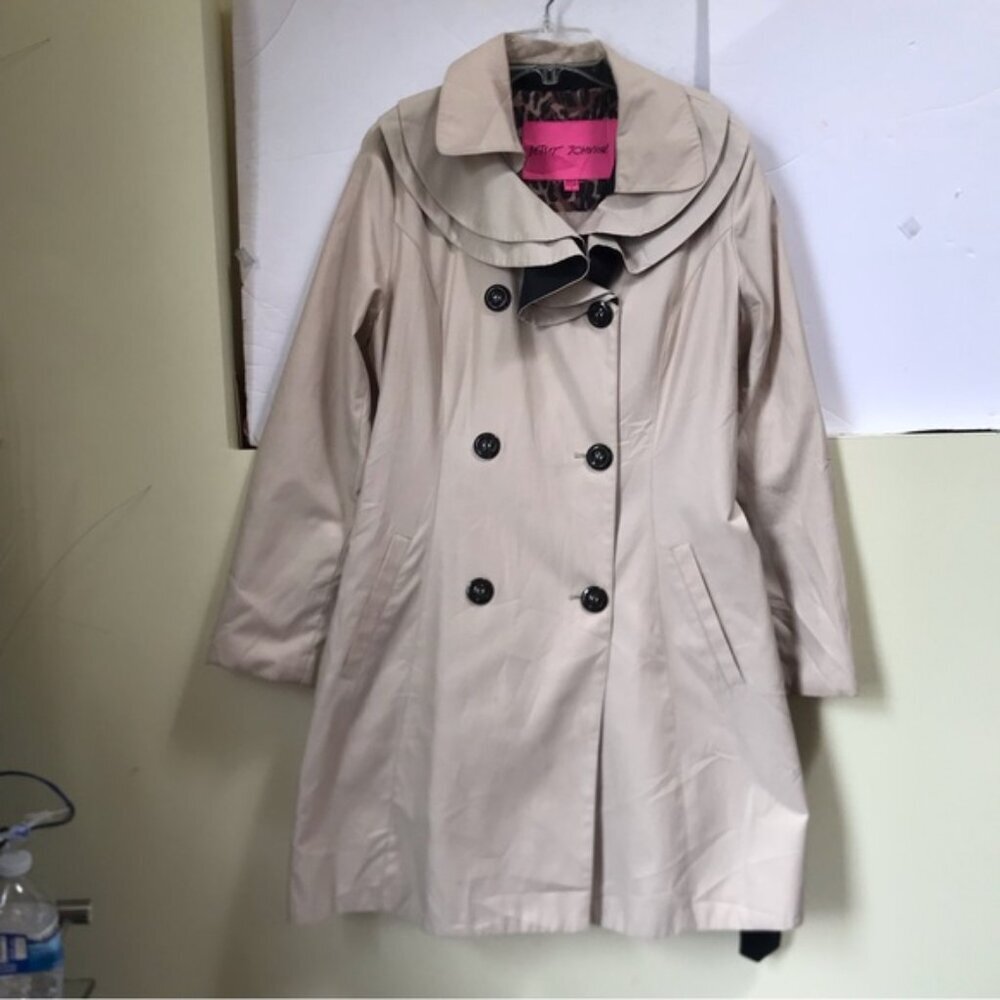 Betsey Johnson Ruffle Trench Lightweight Double Breasted Coat Cotton Tan Belt L - Picture 3 of 15